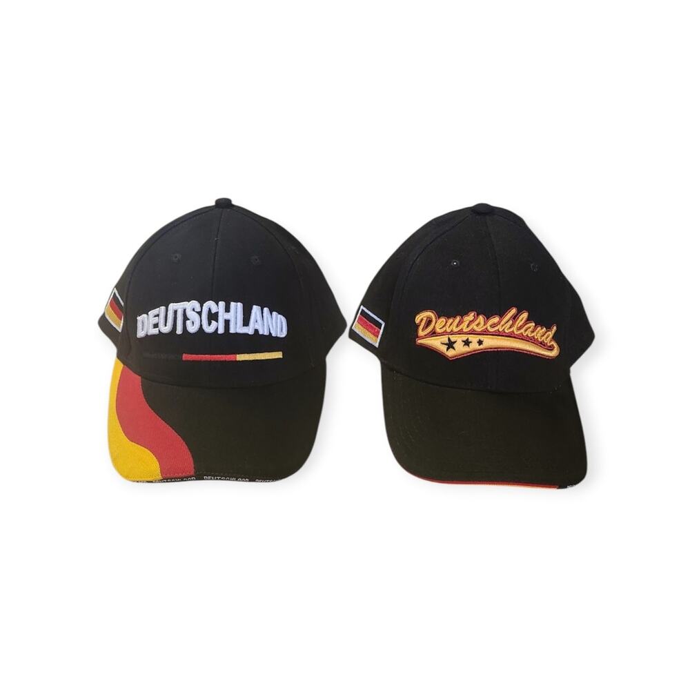 Pair of Deutschland Germany Black Embroidered Baseball Soccer Cap Hat Lid NEW - Picture 2 of 8